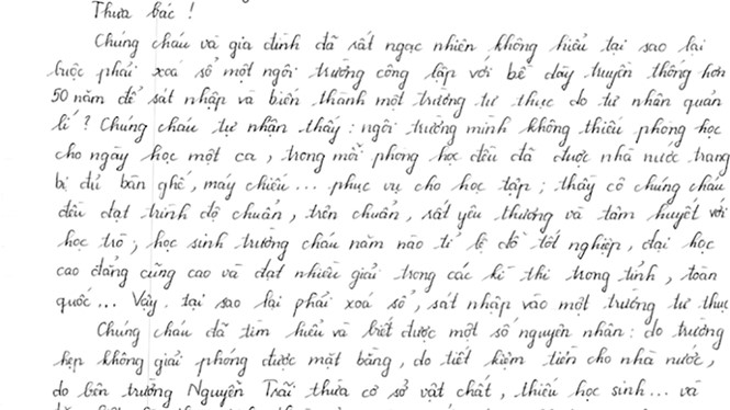 hoc sinh viet tam thu gui bo truong xin giu lai truong