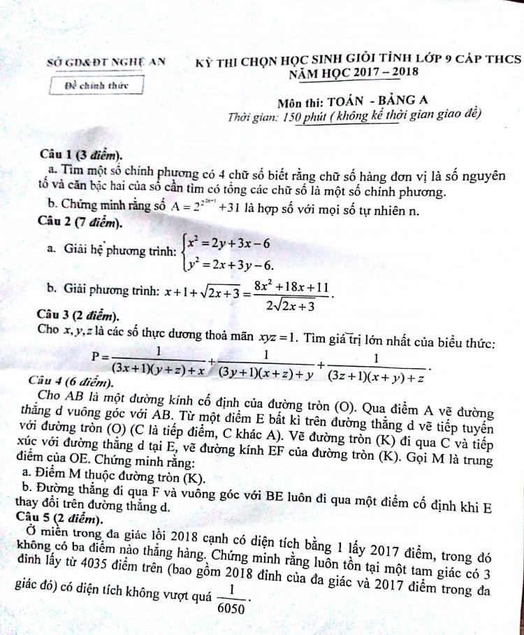 de thi hoc sinh gioi toan lop 9 tinh nghe an nam 2018
