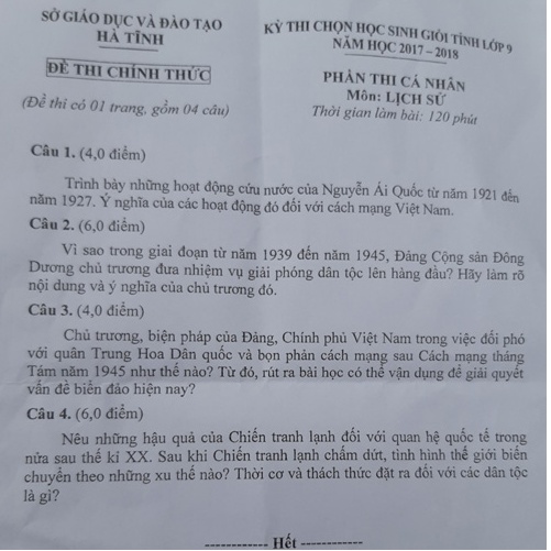de thi hoc sinh gioi lich su lop 9 tinh ha tinh nam 2018