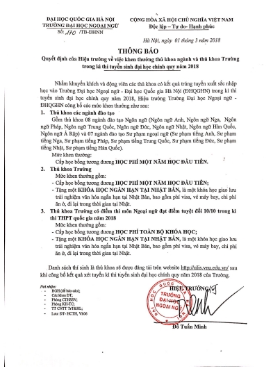 dh ngoai ngu dh quoc gia ha noi treo thuong hap dan cho thi sinh thi vao truong nam 2018