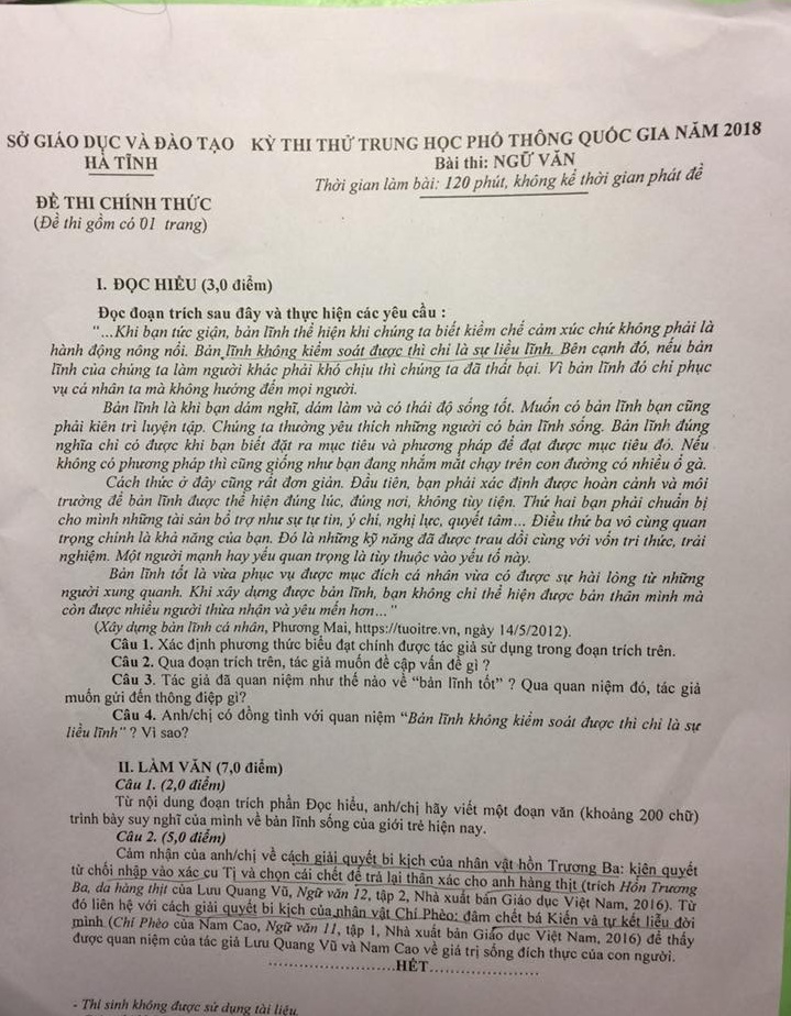de thi thu thpt quoc gia 2018 mon ngu van so gddt ha tinh