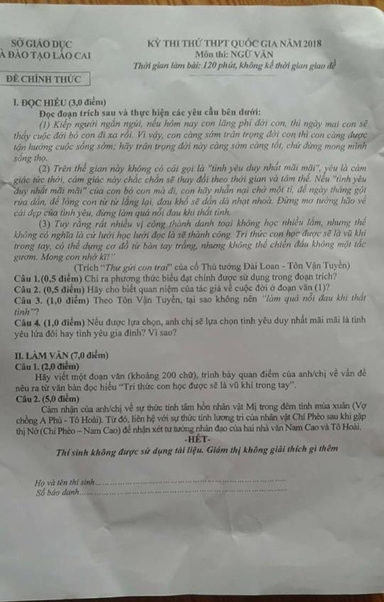 de thi thu thpt quoc gia 2018 mon ngu van so gddt lao cai