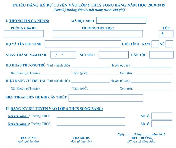 ha noi cong bo mau don dang ky vao lop 6 thcs he song bang