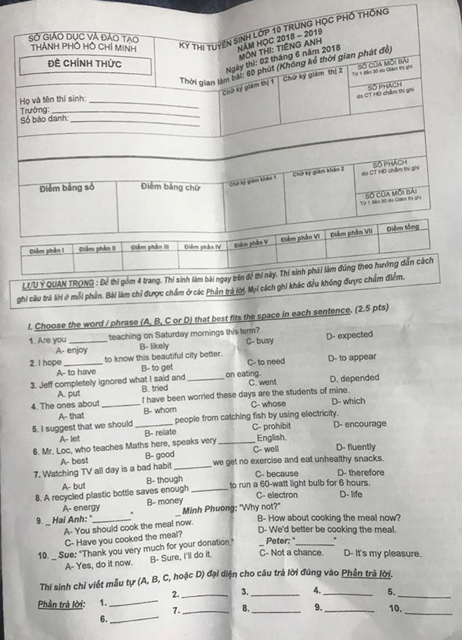 de thi va bai giai mon tieng anh vao lop 10 o sai gon