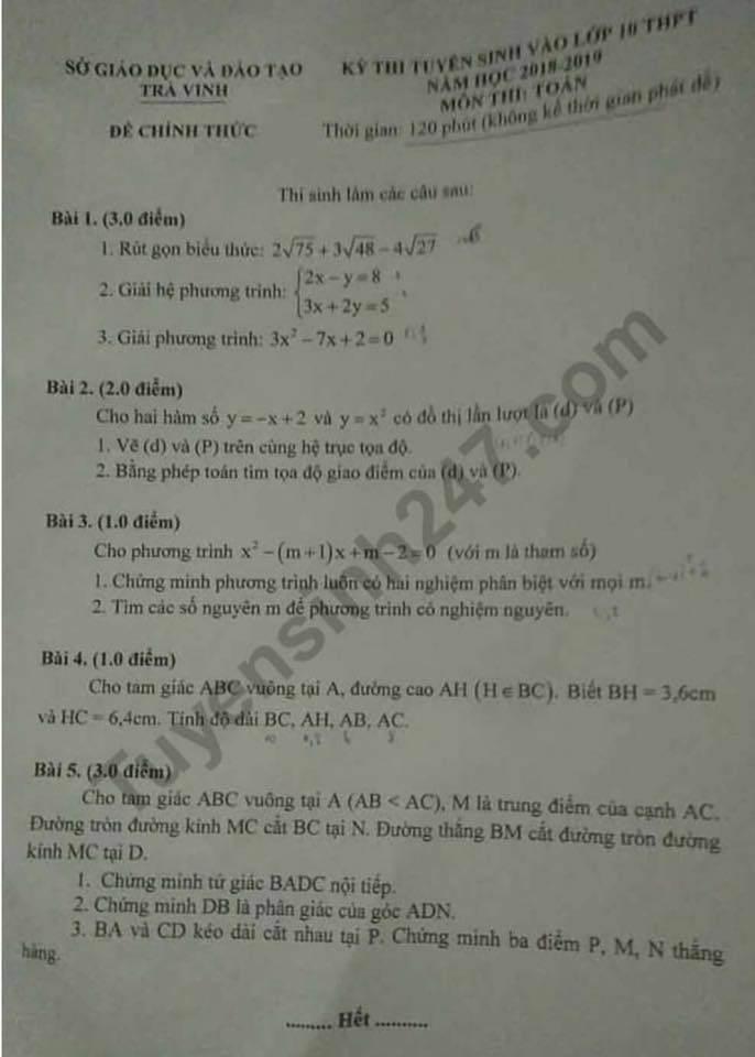 de thi tuyen sinh lop 10 nam 2018 mon toan thpt so gddt tra vinh