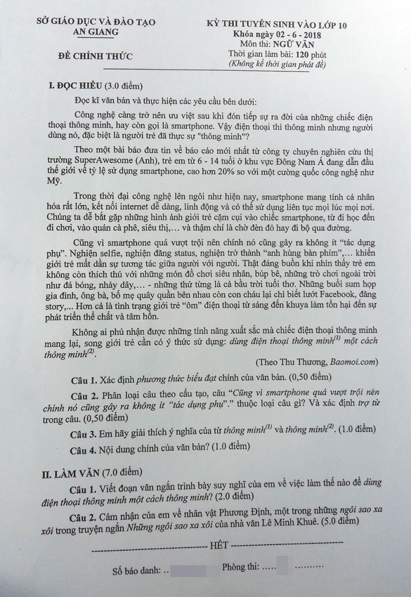 de thi tuyen sinh lop 10 nam 2018 mon ngu van thpt so gddt an giang