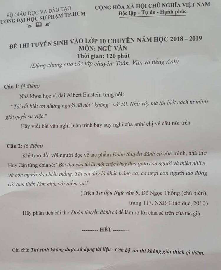 de thi tuyen sinh vao lop 10 chuyen ngu van truong dh su pham tp hcm