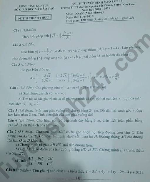 goi y dap an de thi tuyen sinh lop 10 mon toan so gddt kon tum nam 2018