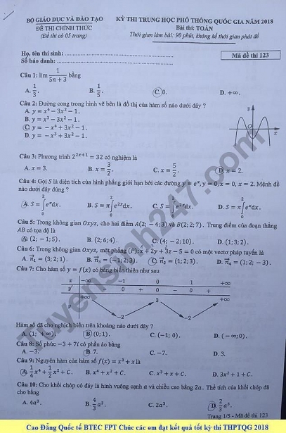 goi y da p a n de thi thpt quo c gia 2018 mon toan ma de 123