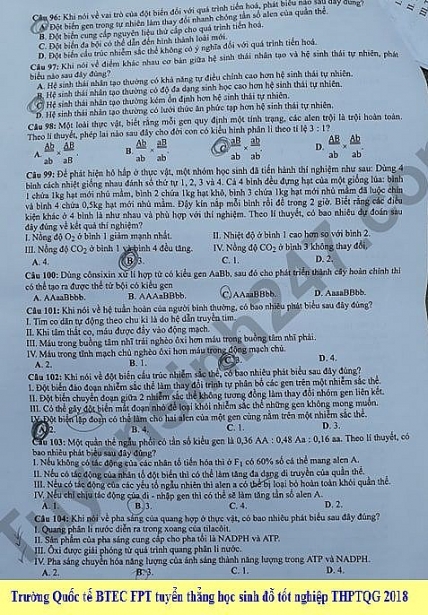 goi y da p a n de thi thpt quo c gia 2018 mon sinh ho c ma de 206