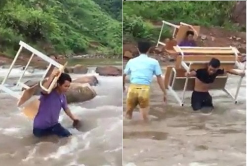 clip xuc dong thay co giao cong ban ghe vuot qua suoi chay siet