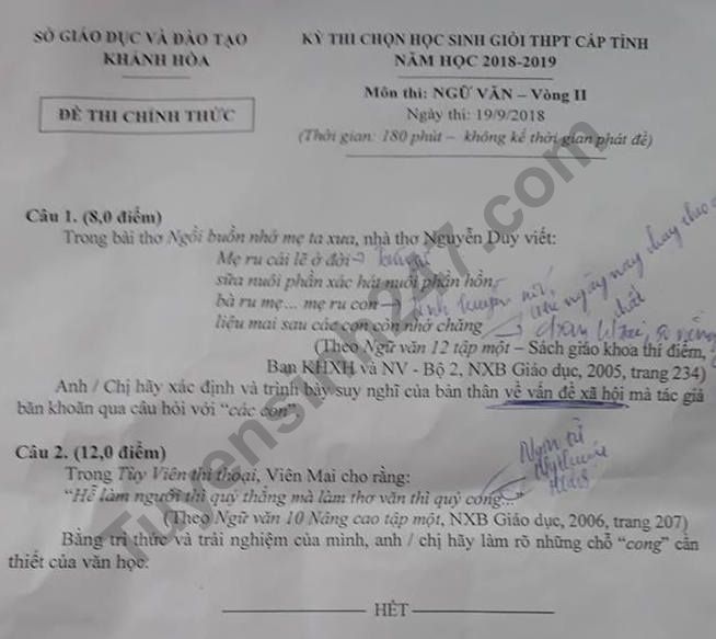 de thi hoc sinh gioi van lop 12 tinh khanh hoa nam 2018