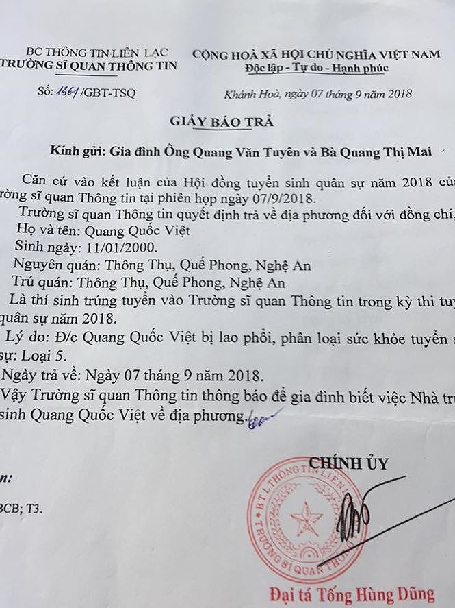 bo quoc phong ket luan vu nam sinh bi truong sy quan thong tin tra ve