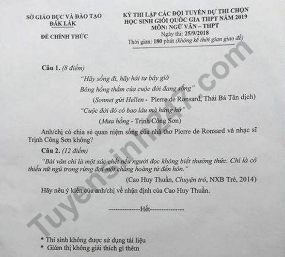 de thi hoc sinh gioi van lop 12 tinh dak lak nam 2018