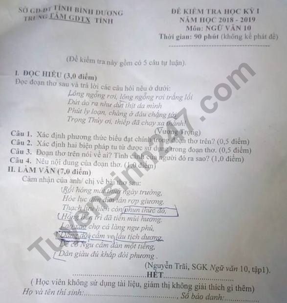 de thi hoc ki 1 lop 10 mon ngu van trung tam gdtx tinh binh duong nam 2018 2019