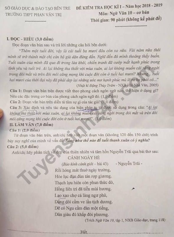 de thi hoc ki 1 lop 10 mon ngu van thpt phan van tri nam 2018 2019