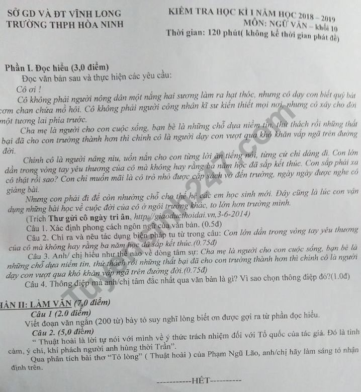 de thi hoc ki 1 lop 10 mon ngu van thpt hoa ninh nam 2018 2019
