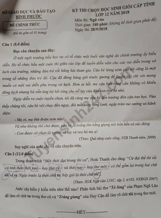 de thi hoc sinh gioi ngu van lop 12 tinh binh phuoc nam 2018