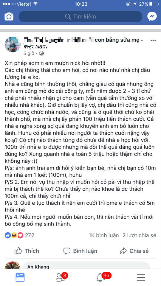 tranh cai chuyen nha gai thach cuoi nha trai 100 trieu dong
