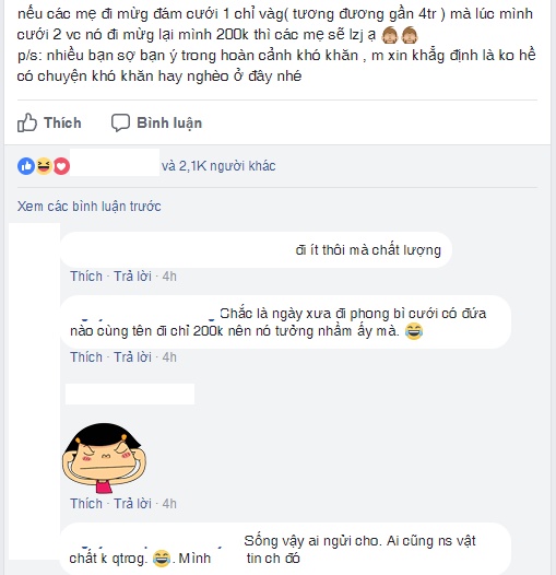 chi em day song voi chuyen minh mung cuoi ban 4 trieu ban mung lai 200 ngan