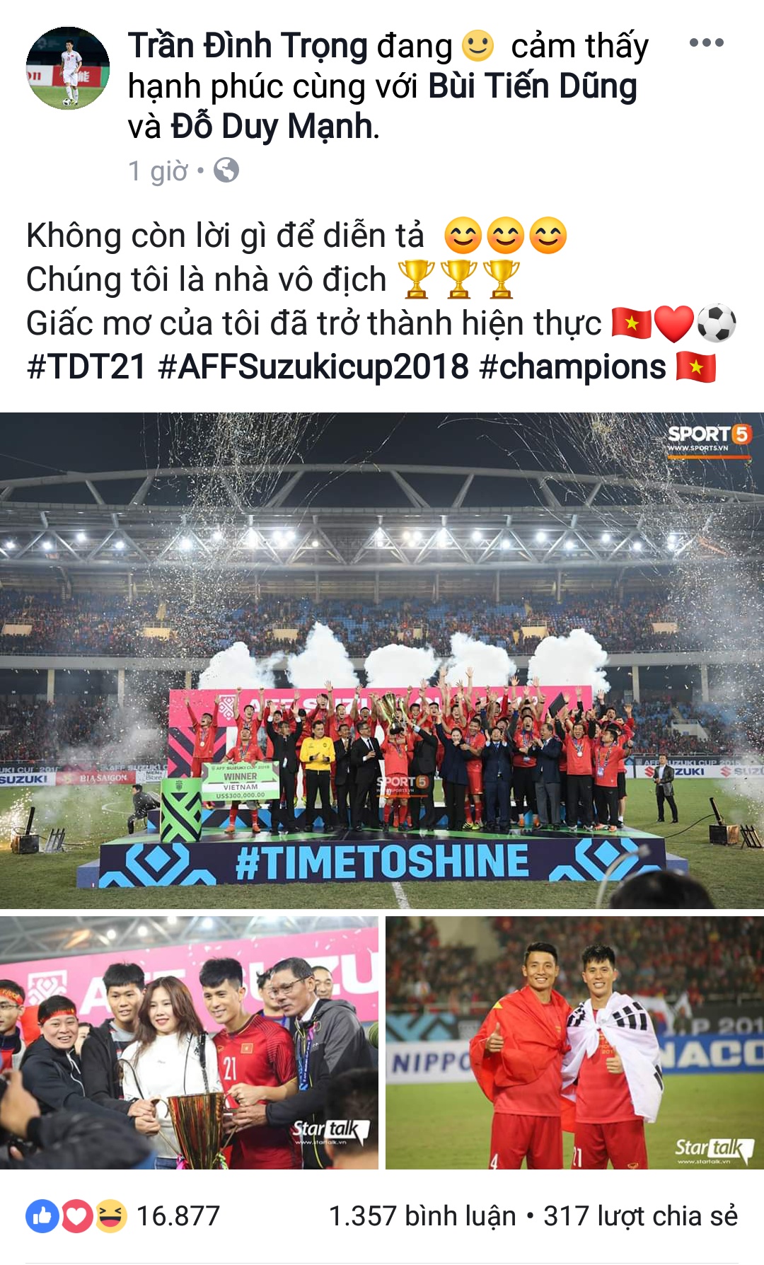 cau thu doi tuyen viet nam chia se gi tren mang xa hoi sau khi gianh chuc vo dich aff cup 2018