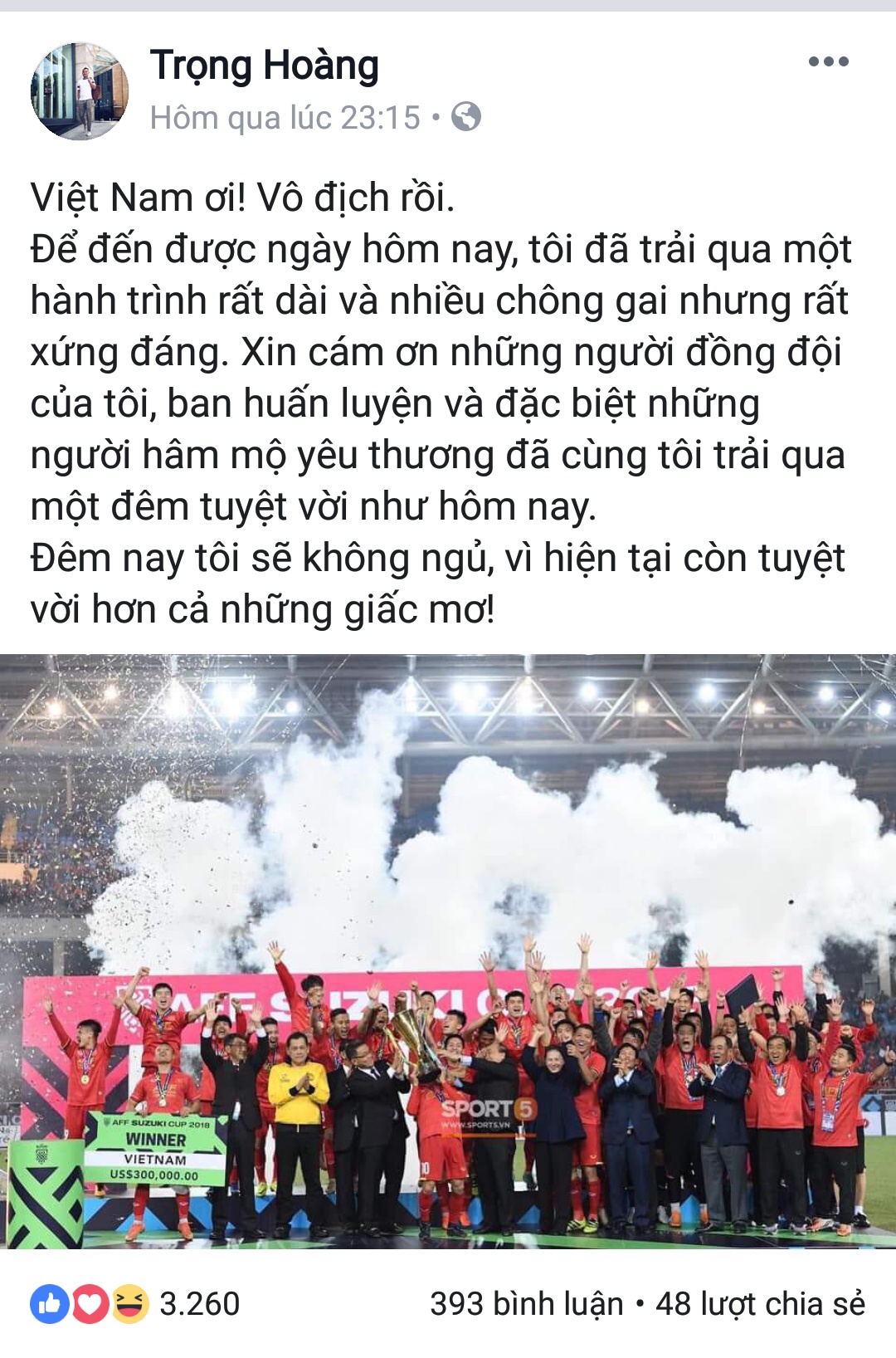 cau thu doi tuyen viet nam chia se gi tren mang xa hoi sau khi gianh chuc vo dich aff cup 2018