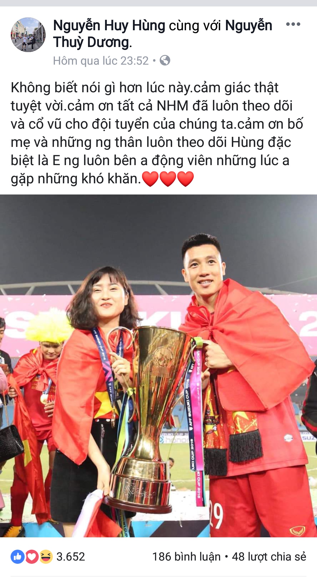 cau thu doi tuyen viet nam chia se gi tren mang xa hoi sau khi gianh chuc vo dich aff cup 2018