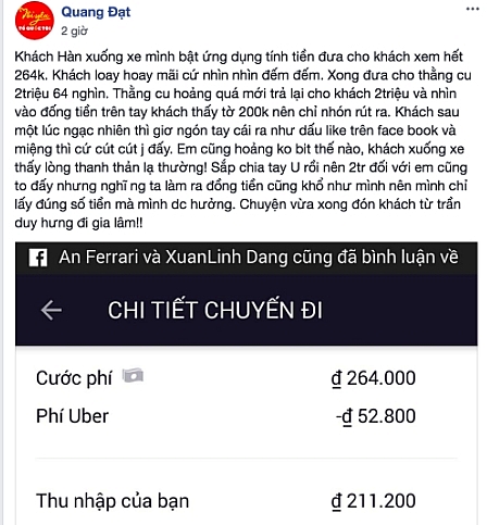 sap chia tay uber duoc dua hon 2 trieu dong cho 24km duong nhung tai xe da hanh dong bat ngo khien khach like va nhieu nguoi cam phuc
