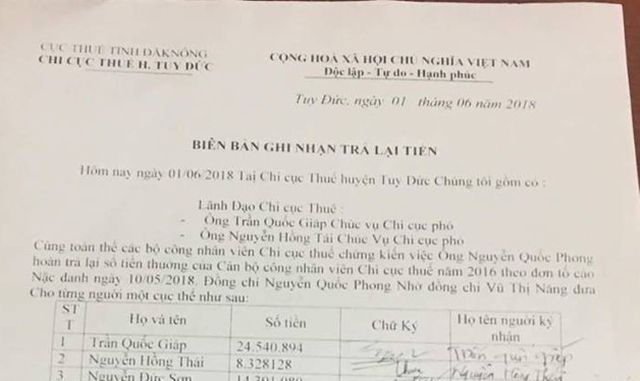 bi to cao sep cu ve co quan tra lai tien thuong cho nhan vien