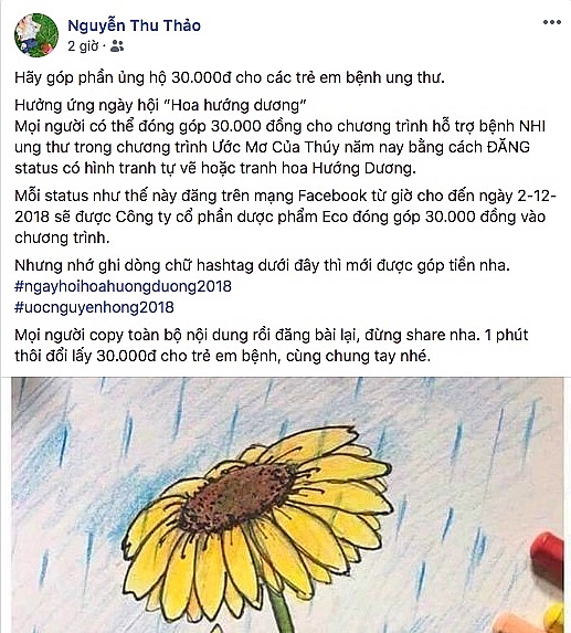 tai sao dang anh hoa huong duong tren facebook duoc tang 30000 dong cho benh nhi