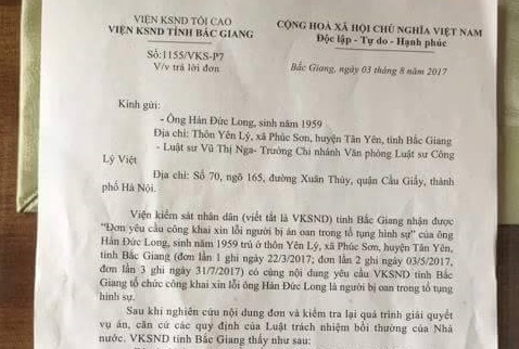 vksnd tinh bac giang tu choi xin loi cong khai tu tu han duc long