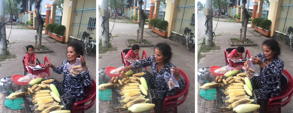khoanh khac truyen cam hung co be cam cui hoc canh cho ban ngo nuong cua ba