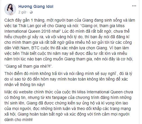 huong giang idol lan dau chia se ve thong tin tham gia miss international queen