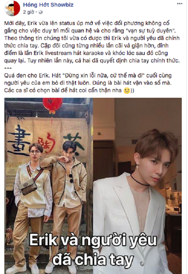 Nặng trĩu tâm sự, Erik và bạn trai đồng giới 'đường ai nấy đi' sau 1 năm yêu? nang triu tam su erik va ban trai dong gioi duong ai nay di sau 1 nam yeu