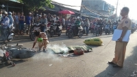 chay vao lan o to hai co gai tre bi xe tai can thuong vong