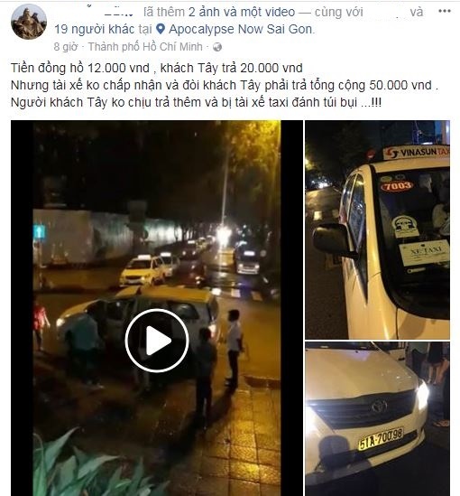 tai xe taxi vinasun hanh hung khach nuoc ngoai vi khong chiu tra them tien
