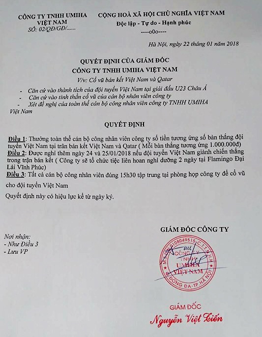 u23 viet nam ghi 1 ban thang nhan vien se duoc thuong 1 trieu dong
