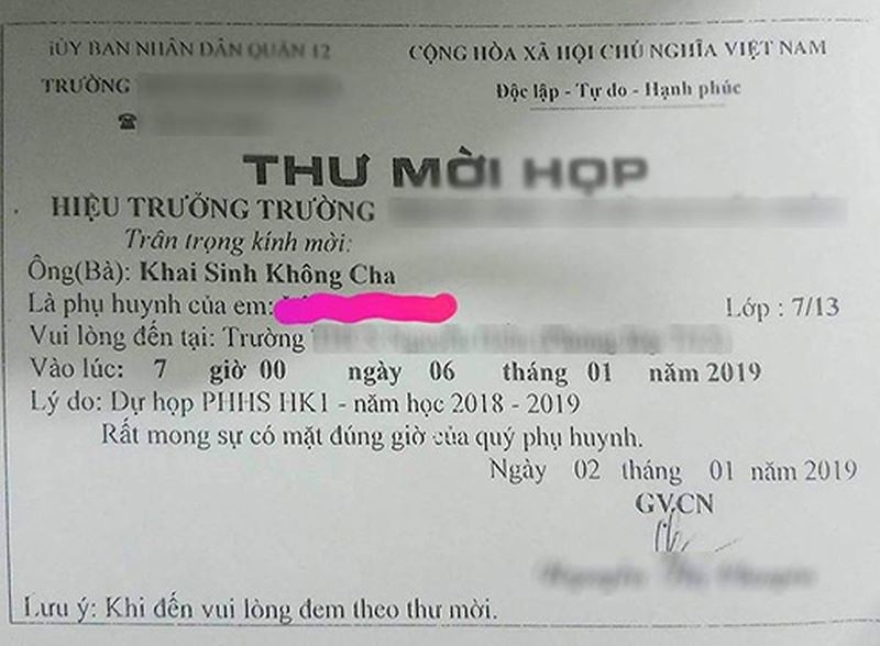 Lạ lùng thư mời họp phụ huynh học sinh, ghi khai sinh không cha la lung thu moi hop phu huynh hoc sinh ghi khai sinh khong cha