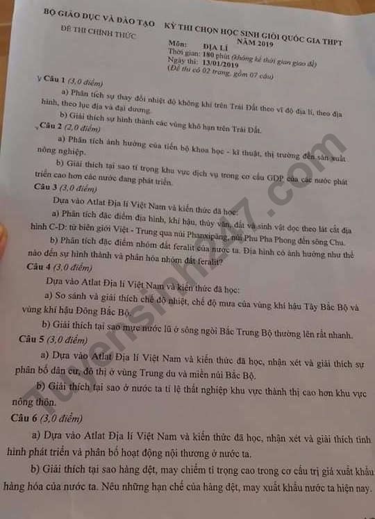 de thi hoc sinh gioi quoc gia thpt mon dia li bo gddt nam 2019