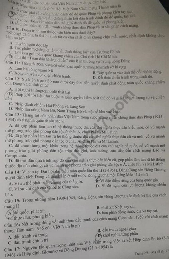 de thi thu thpt quoc gia 2019 mon lich su thpt chuyen hung yen lan 2