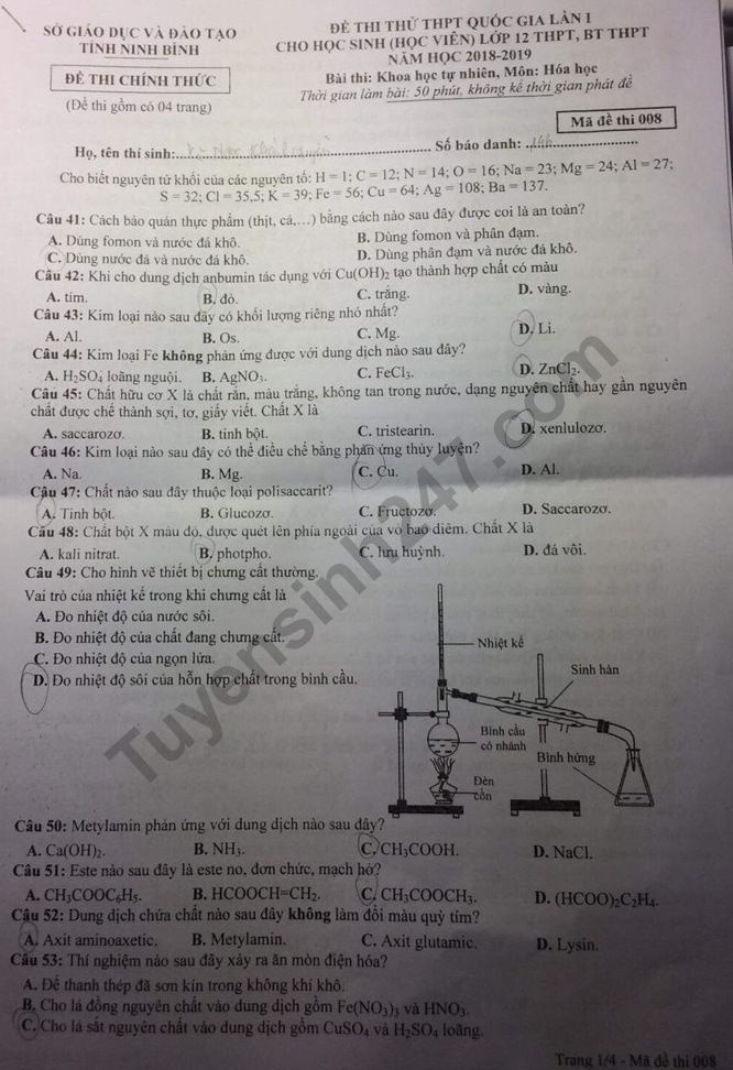 Đề thi thử THPT quốc gia 2019 môn Hóa học Sở GD&ĐT Ninh Bình lần 1 de thi thu thpt quoc gia 2019 mon hoa hoc so gddt ninh binh lan 1