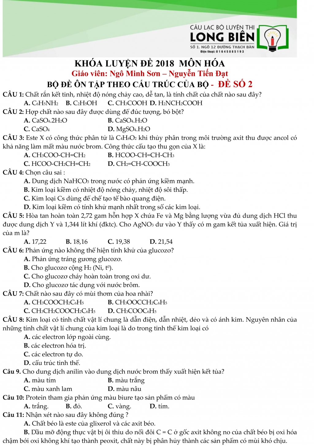 de thi thu mon hoa hoc theo mau bo de thi thpt quoc gia 2018