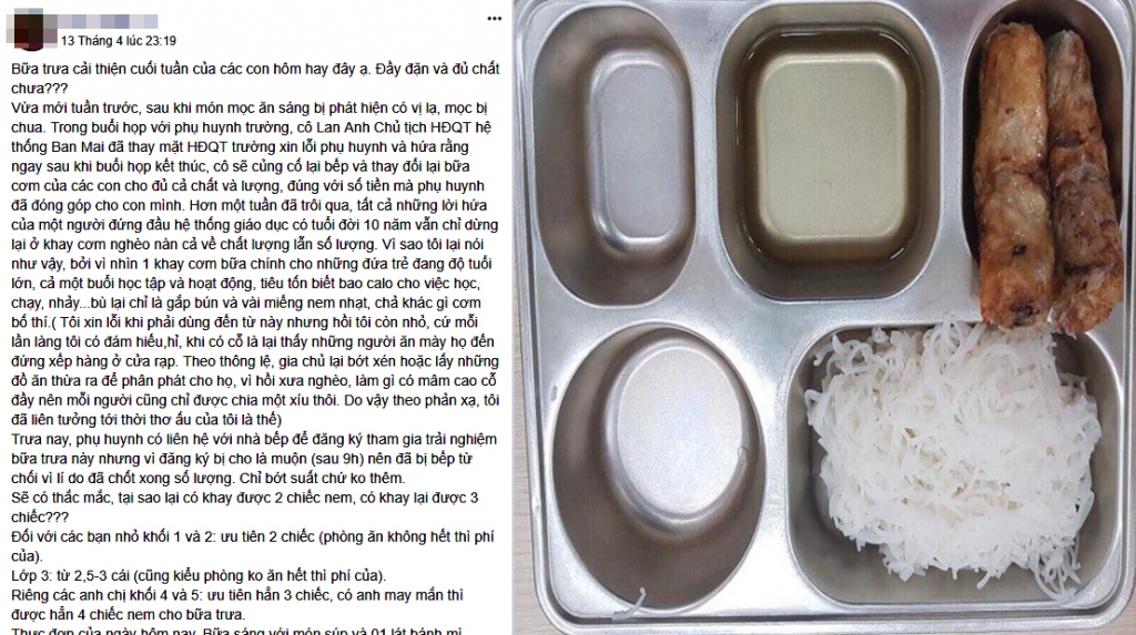 Trường Ban Mai lý giải về bữa trưa cho học sinh chỉ có bún và 2 cái nem, nhiều em đau bụng truong ban mai ly giai ve bua trua cho hoc sinh chi co bun va 2 cai nem nhieu em dau bung