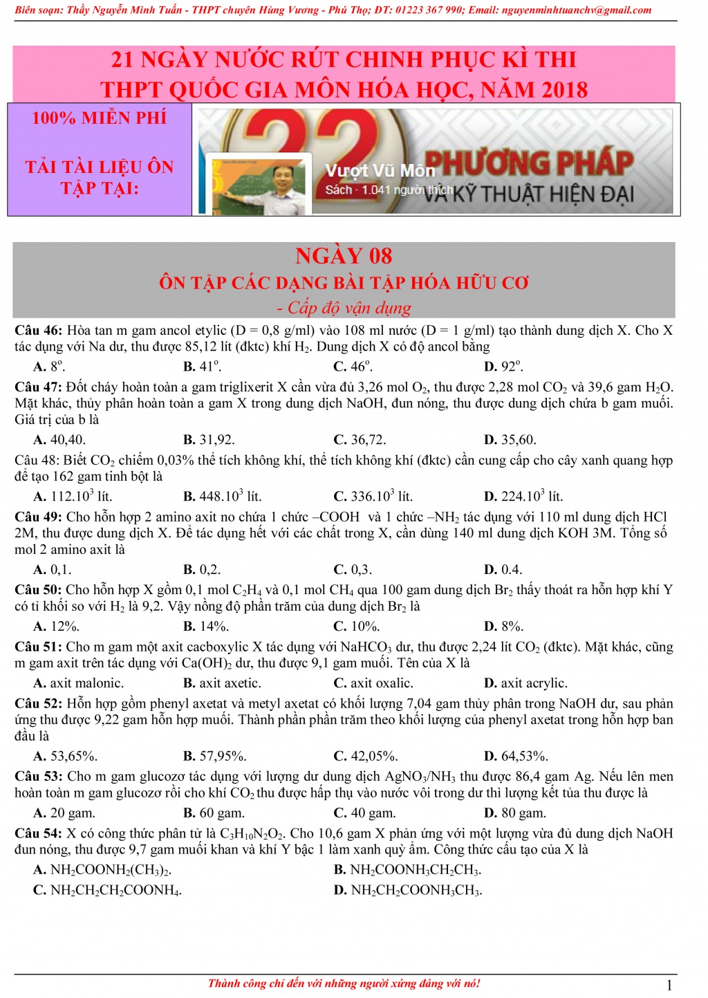 de hoa hoc thpt so 8 45 cau hoi on tap cac dang bai tap hoa huu co cap do van dung