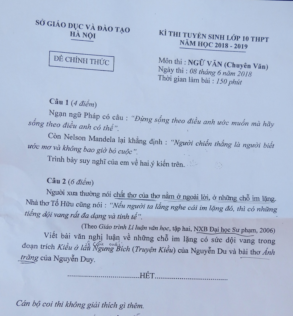 Đề môn Ngữ văn thi vào lớp 10 THPT chuyên tại Hà Nội năm 2018 de thi mon ngu van vao lop 10 thpt chuyen tai ha noi nam 2018