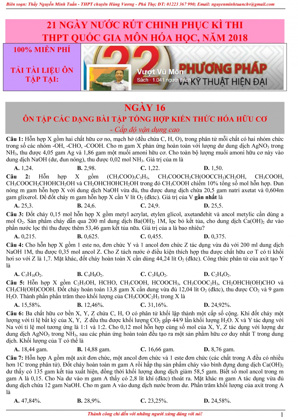 Đề Hóa học THPT số 16: Các dạng bài tập tổng hợp hóa hữu cơ cấp độ vận dụng cao de hoa hoc thpt so 16 cac dang bai tap tong hop hoa huu co cap do van dung cao