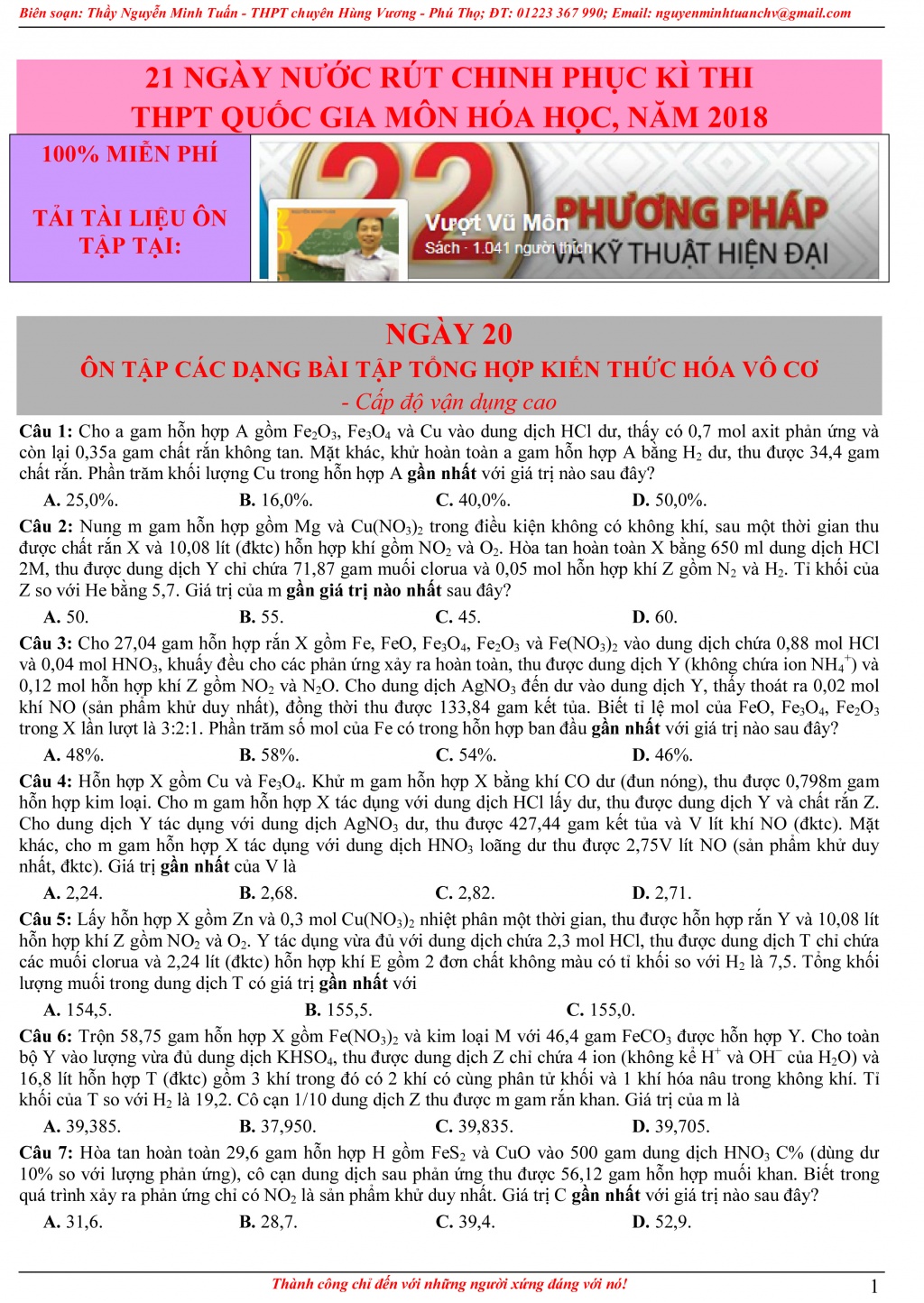 de hoa hoc thpt so 20 cac dang bai tap ve tong hop kien thuc hoa vo co cap do van dung cao