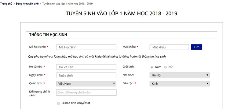 hom nay the he rong vang o ha noi se duoc bo me dang ky tuyen sinh truc tuyen vao lop 1
