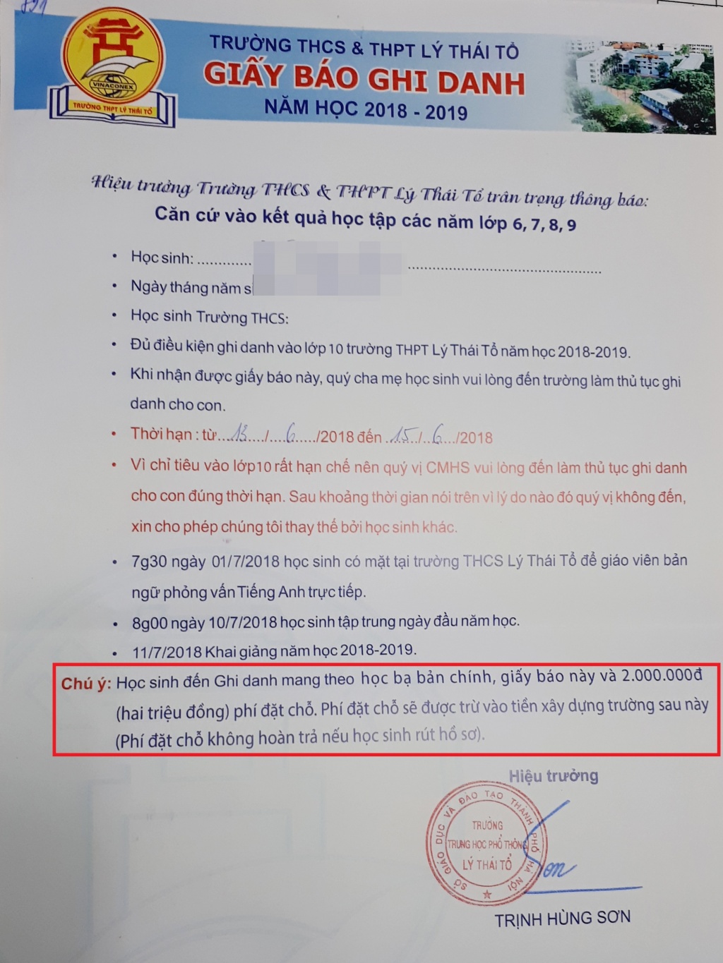 Trường Lý Thái Tổ không trả lại phí đặt chỗ 2 triệu đồng dù học sinh không đến nhập học truong ly thai to khong tra lai phi dat cho 2 trieu dong du hoc sinh khong den nhap hoc