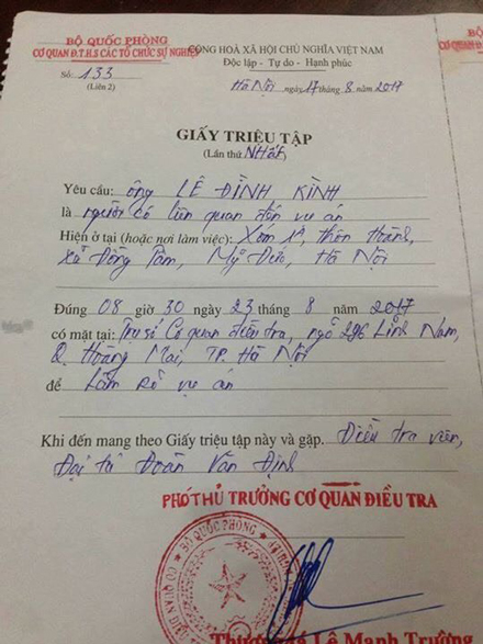 co quan dieu tra bo quoc phong trieu tap ong le dinh kinh
